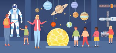 Planetaryum gezisi. Astronomi galerisindeki yetişkin ve çocuk karakterler. Uzay müzesine okul gezisi. Düz evren gösteri vektörü konsepti