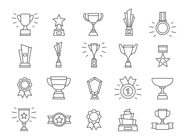 Kampioen lijn iconen. Winnaar medailles, trofee bekers en eerste prijs badge. Outline competitie overwinning beloning, rang ster symbool vector set — Stockvector