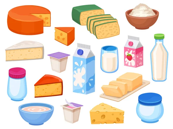 Productos lácteos. Rebanadas de queso, leche en botella, caja y vaso, yogur, mantequilla, cuajada en tazón y crema. Dibujos animados granja alimentos lechosos vector conjunto — Vector de stock