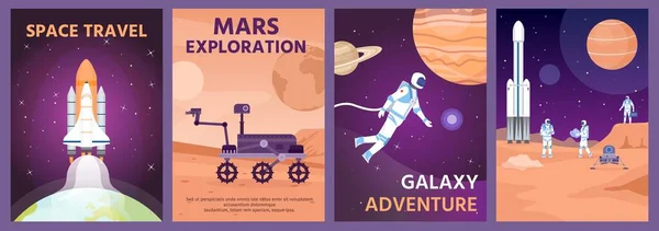 Ruimteverkenning poster. Melkweglandschap met raket, planeten en astronaut. Mars rover op planeet oppervlak. Kosmische wetenschap banner vector set — Stockvector