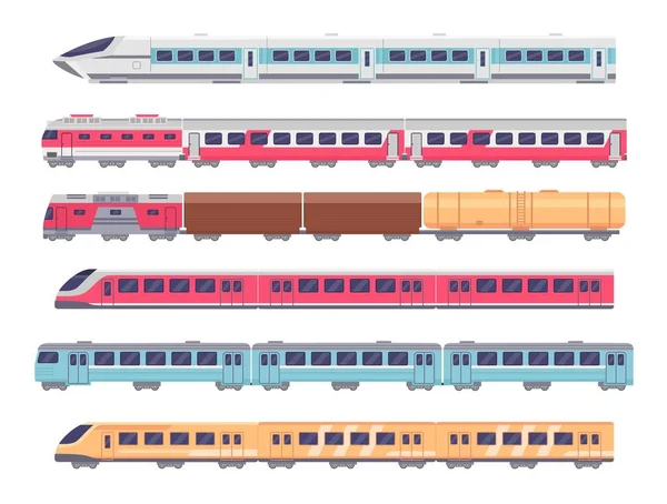 Reizigerstreinen. Cartoon metro, express en goederentrein. Ondergronds vervoer met wagons. Metro locomotief, spoorwagon vector set — Stockvector