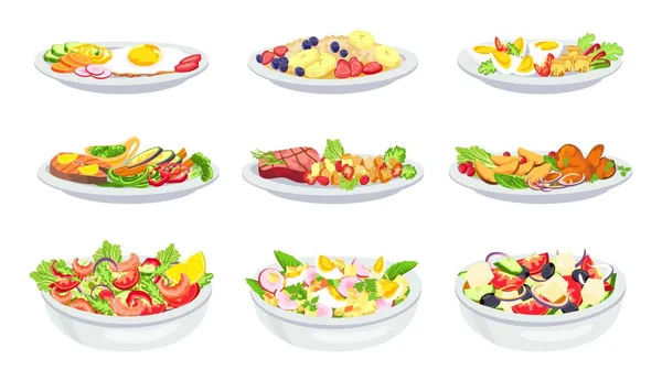 Gezond eten. Ontbijt, lunch, salade en diner menu. Havermout met fruit. Evenwichtige voeding met groenten, eieren, vlees en zeevruchten, vectorset — Stockvector