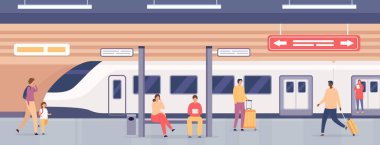 İnsanlarla dolu metro platformu. Metro istasyonunda tren bekleyen yolcular. Şehir yeraltı demiryolu taşımacılığı, düz vektör konsepti