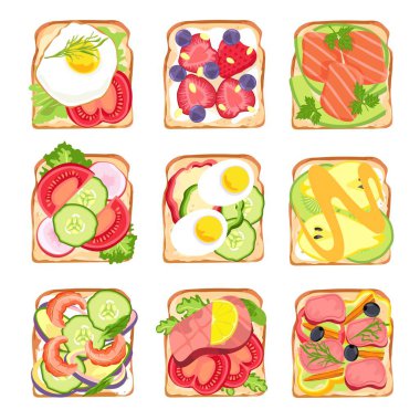 Sağlıklı sandviçler. Lezzetli kızarmış ekmek, avokado ve somon, salata, yumurta ve domates, çilek. Vejetaryen sandviç vektörü seti