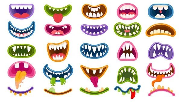 Boca de monstro dos desenhos animados. Boca assustadora e engraçada com dentes e língua. Máscaras de Halloween, monstros brincalhão rir e assustador palhaço sorriso vetor definido — Vetor de Stock