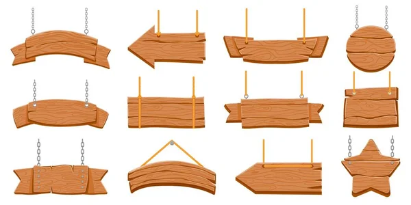 Panneaux en bois suspendus à la corde. Bannières vierges en bois et panneaux fléchés. Plateau rond et étoilé sur chaîne. Ancien ensemble de vecteurs de panneau rustique — Image vectorielle