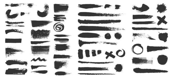 Pinceladas. Grunge texturizado linhas de pintura preta, círculos e cruzes. Formas de tinta angustiante, bolhas e curvas. sujo mancha escovas vetor conjunto — Vetor de Stock