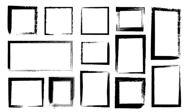 Cadres grunge. Bordures sales avec coups de pinceau noir. bords rectangle d'encre avec texture de détresse. Ensemble vectoriel de carrés croquis en ligne rugueux — Image vectorielle