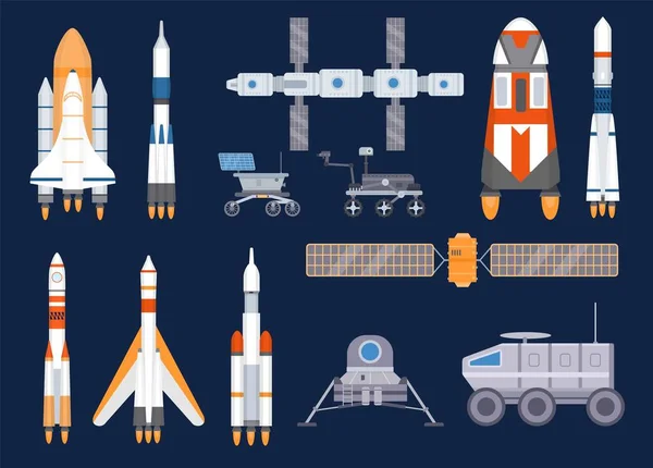 Ruimtevaartuigtechnologie. Satellieten, raketten, ruimtestation, schepen, shuttles, maan en Mars rovers. Universum exploratie apparatuur vector set — Stockvector