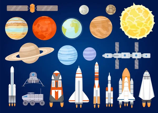 Ruimtelementen. Planeten van het zonnestelsel, zon, ruimteschip, raket, satellieten, Mars en maanrover. Universum aan het verkennen. Cartoon kosmische vector set — Stockvector