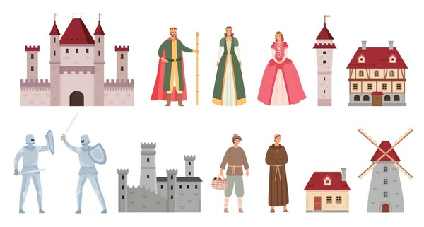 Personagens medievais. Desenhos animados de meia-idade rei, rainha, princesa, cavaleiros duelo na espada, camponês e monge. Castelo antigo e conjunto de vetor de casa —  Vetores de Stock