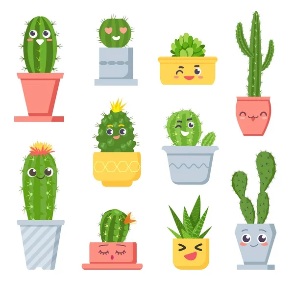 Cacto bonito com rostos. Desenhos animados plantas suculentas personagens pote com emoji. Cactos tropicais sorridentes com rosto engraçado em vasos de flores conjunto vetor —  Vetores de Stock