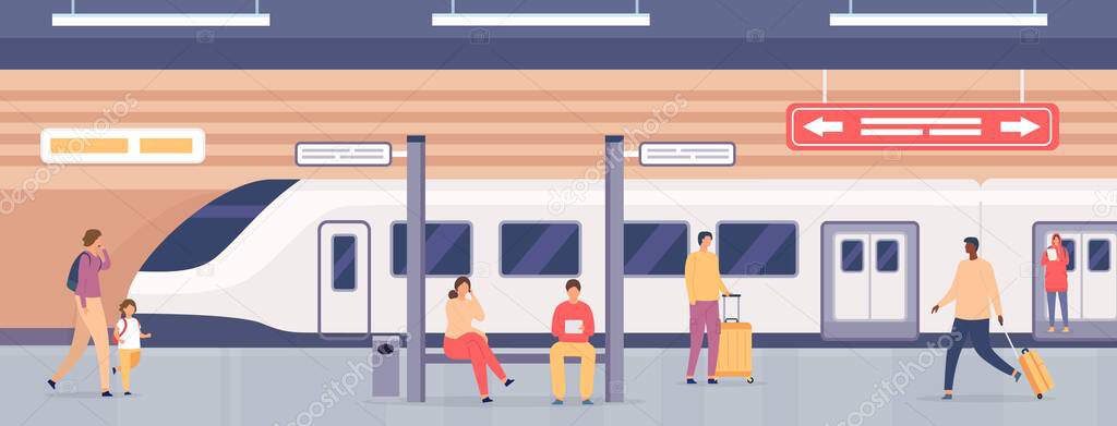 Subway platform with people. Passengers on metro station waiting for train. City underground public railway transport, flat vector concept