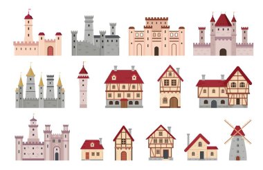 Ortaçağ binaları. Antik Avrupa kasabası ve köy evi, kır evi ve yel değirmeni. Karikatür kulesi, kale ve saray. Mimari vektör seti