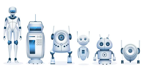 Robot de dibujos animados. Droides futuristas y máquinas con tecnología de inteligencia artificial. Robots de juguete para niños realistas y lindo conjunto de vectores androides — Archivo Imágenes Vectoriales