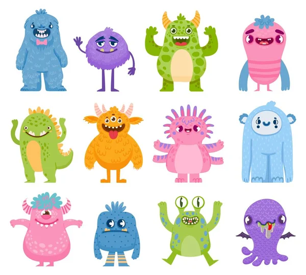 Grappige monsters. Cartoon schattige en enge wezens met hoorns en tanden. Halloween monster en buitenaardse personages. Vriendelijke monsters vector set — Stockvector