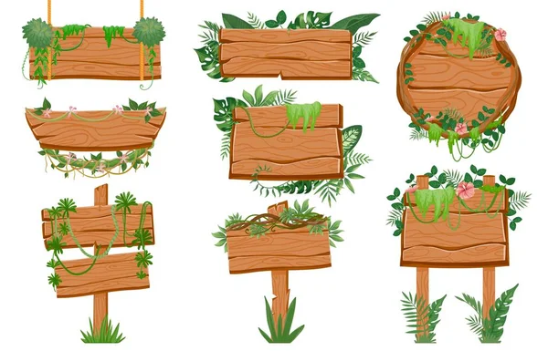 Dschungel-Holzschilder. Holzbrett mit tropischen Blättern, Moos und Lianenpflanzen für Wildtiere. Cartoon Regenwald Verkehrszeichen auf Seil-Vektor-Set — Stockvektor