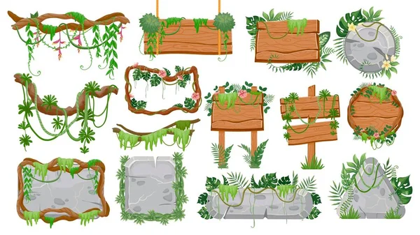 Dřevěné a kamenné znaky džungle. Tropická hra ui prvky, tabule, panely, rámečky, ohraničení a tlačítka s liány a listy vektorové sady — Stockový vektor