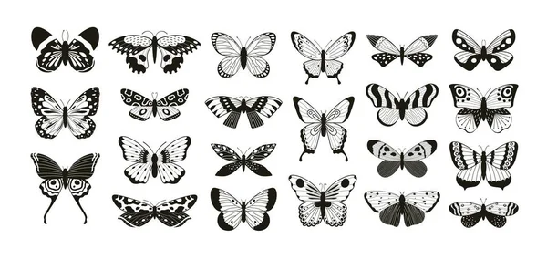 Siluetas de mariposas. Polilla y alas de mariposa patrón de corte por láser contorno. Elemento decorativo insecto volador. Mariposas tatuaje vector conjunto — Vector de stock