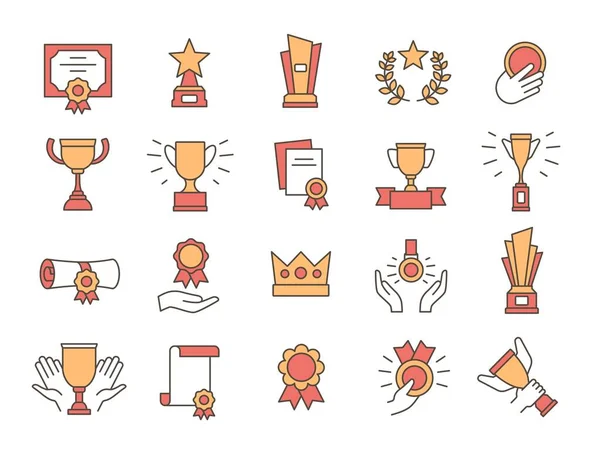 Trophy icons. Award winner golden cups and prize. Premium quality certificate, diploma with medal and ribbon. Success line symbol vector set — Stock Vector