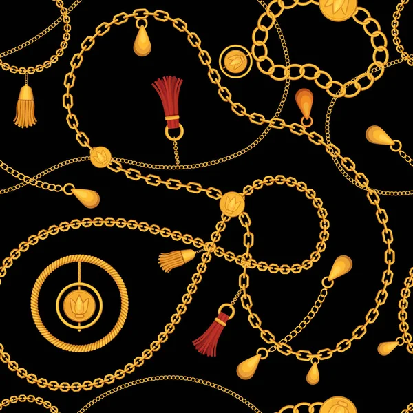 Cadeias douradas sem costura padrão. Imprima com cinto de corrente, colar de ouro, pulseira de jóias com pingente e borla. Ornamento de vetor de moda de luxo —  Vetores de Stock