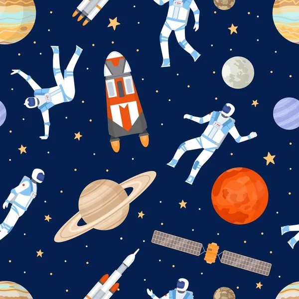 外空間シームレスパターン。ダンス宇宙飛行士、宇宙船、衛星、星や惑星で印刷します。宇宙冒険フラットベクトルテクスチャ — ストックベクタ