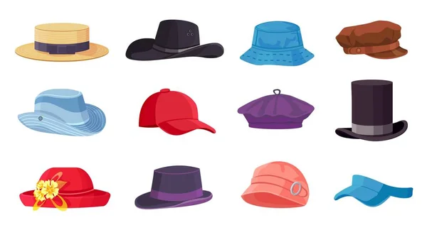 Tecknade huvudbonader. Sommar manliga och kvinnliga mode hattar, mössa, basker och cylinder. Cowboy och halmhatt. Vintage kläder tillbehör vektor set — Stock vektor
