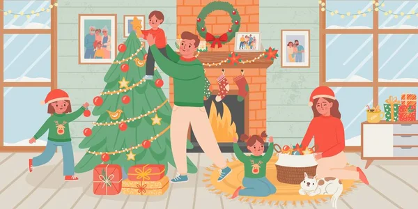Сім'я святкує Різдво вдома. Батьки і діти прикрашають ялинку в інтер'єрі вітальні каміном. Новорічний векторний плакат — стоковий вектор
