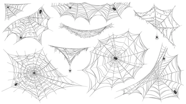 Spider web silhouette. Hanging cobweb with venom spiders for horror helloween decor. Spooky spiderweb element, net trap in corner vector set — Stock Vector