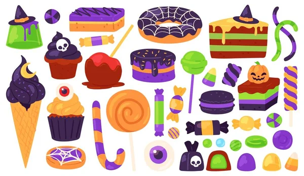 Doces de Halloween. Truque ou trata doces e sobremesa com decoração assustadora, chapéu de bruxa, abóbora, teia de aranha. Outono crianças conjunto vetor de férias — Vetor de Stock