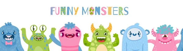 Halloween-Monster-Banner. Happy Monster Party mit niedlichen Charakteren. Cartoon beängstigend lustige Monster und Aliens für Kinder Geburtstag Vektor Poster — Stockvektor