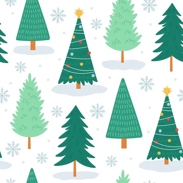 Árvore de Natal sem costura padrão. Impressão de noel com flocos de neve, xmas decorados e pinheiros florestais. férias de inverno bonito árvore vetor papel de parede — Vetor de Stock