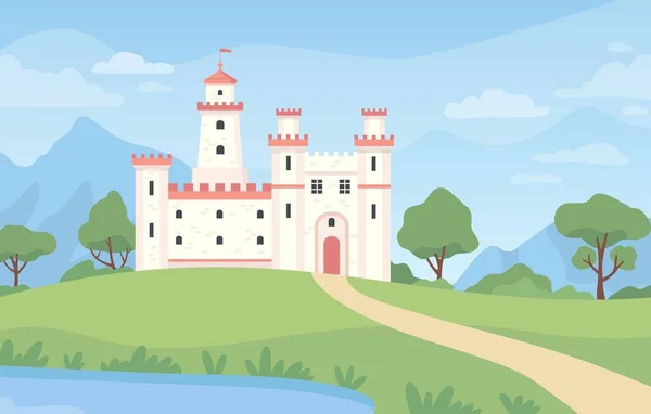 중세성 이 있는 풍경. 카툰은 타워가 있는 왕궁을 꿈꾸지. 오래 된 왕국 건물, 푸른 초원, 연못 및 푸른 하늘 벡터 장면 — 스톡 벡터