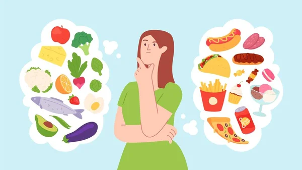 Frau auf Nahrungsdiät. Gesunde und ungesunde Produkte halten sich die Waage. Charakterwahl zwischen Fastfood und Gemüse. Konzept des Gesundheitslebensstils — Stockvektor