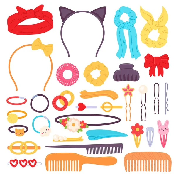 Haaraccessoires. Cartoon-Haarband mit Schleife, Haarnadel, Clips, Scrunchies und niedlichen Gummibändern mit Blumen. Set für Kopf-Felge und Kammvektor — Stockvektor