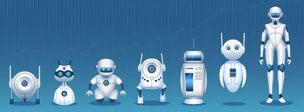 Evolución del robot. Línea de tiempo de desarrollo de tecnología de inteligencia artificial desde un simple bot hasta un androide humanoide. Concepto de vector de innovación tecnológica — Archivo Imágenes Vectoriales