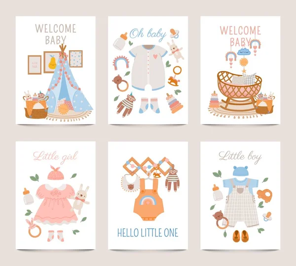 Kinderzimmer-Deko-Plakate. Babyduschkarten für Jungen und Mädchen mit neugeborener Kleidung, Spielzeug und Kinderbett im Boho-Stil. Niedliches kindisches Druck-Vektor-Set — Stockvektor