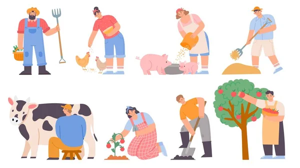 Des fermiers actifs. Ouvrier agricole vache laitière, nourrir les poulets et les porcs, récolter des pommes et planter. Dessin animé ferme femme et homme vecteur ensemble — Image vectorielle