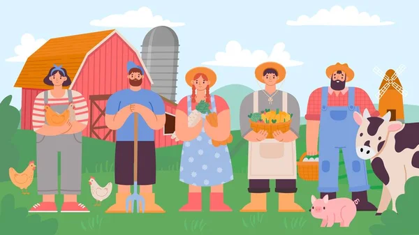 Çiftçi takımı. Taze ürünleri ve çiftlik hayvanları olan karikatür tarımcısı erkek ve kadın. Kırsal arazi ve tarım işçileri vektör kavramı — Stok Vektör