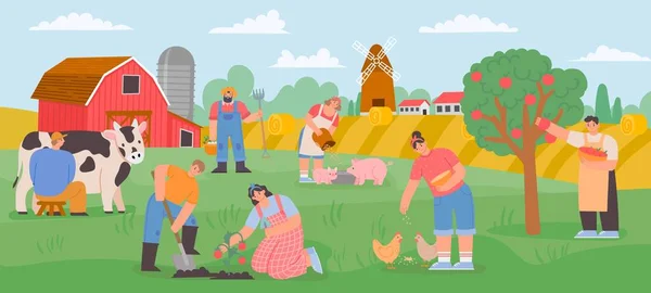 Jordbrukslandskap med arbetare. Landsbygdsodlare matar djur, mjölkkor och odlar grönsaker och frukt. Koncept för vektorer för platta jordbruksföretag — Stock vektor