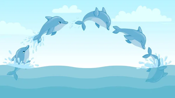 Los delfines saltan del agua. Paisaje marino de dibujos animados con saltos de delfines y salpicaduras. Lindo océano delfín carácter vector de animación marcos — Archivo Imágenes Vectoriales