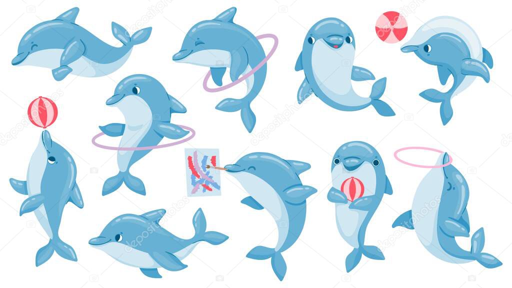 Dolphins with balls. Cute cartoon blue dolphin character play, jump through hoop and draw. Marine animal dolphinarium performance vector set