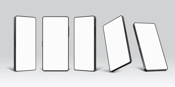 Modelos de smartphones. Modelo de dispositivo de telefone móvel 3d realista com tela em branco. Celular na frente, perspectiva e ângulos ver conjunto vetorial —  Vetores de Stock