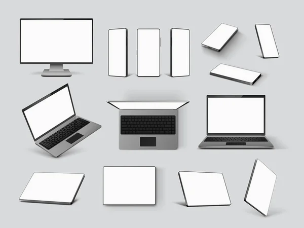 Gadget maketleri. Gerçekçi dizüstü bilgisayar, cep telefonu, bilgisayar monitörü ve tablet ön, açı ve üst görüş. 3d akıllı aygıt vektörü seti — Stok Vektör
