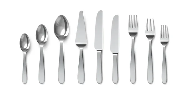 現実的な刃物だ。スプーン、フォーク、テーブルナイフ。提供するための銀製の道具。デザートスプーンとケーキナイフ。金属食器ベクトルセット — ストックベクタ