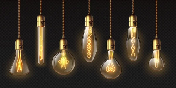 Edison light bulbs. Hanging vintage pendant copper lamps with glowing lightbulb filament. 3d decorative bulb on electricity wire vector set — Stock Vector