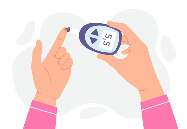 Test glicemico. Mani tenere glucometro e misura il livello di zucchero dal bastone dito. Concetto di dispositivo di monitoraggio e analisi del diabete vettore — Vettoriale Stock