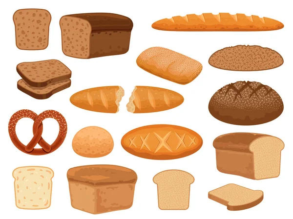 Productos de pan de dibujos animados. Rebanada de pan tostado, baguette francés al horno, pan de trigo y de grano entero, pretzel y ciabatta. Panadería fresca pastelería vector conjunto — Archivo Imágenes Vectoriales