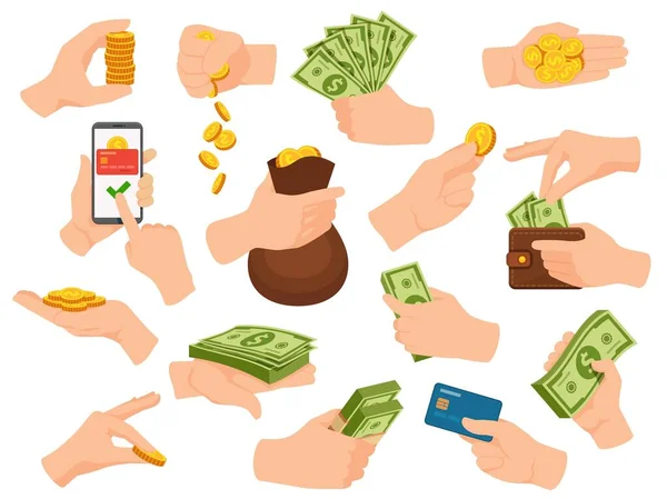 As mãos seguram dinheiro. O braço humano dá dinheiro e paga em notas de dólar, pilhas de moedas, cartão e aplicativo de telefone. Mão com carteira e conjunto de vetor de saco —  Vetores de Stock