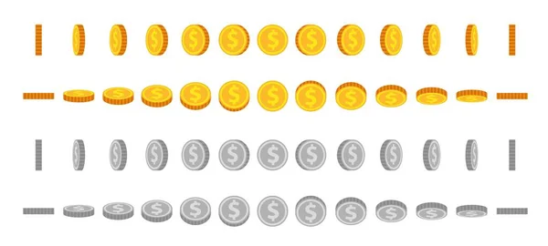 Κινούμενα σχέδια κέρματος κινουμένων σχεδίων. Χρυσά και ασημένια νομίσματα περιστρέφονται και περιστρέφονται. Στρογγυλό δολάριο για παιχνίδι κινουμένων σχεδίων. Εικονίδιο χρημάτων στο σύνολο διανυσμάτων προβολής γωνίας — Διανυσματικό Αρχείο